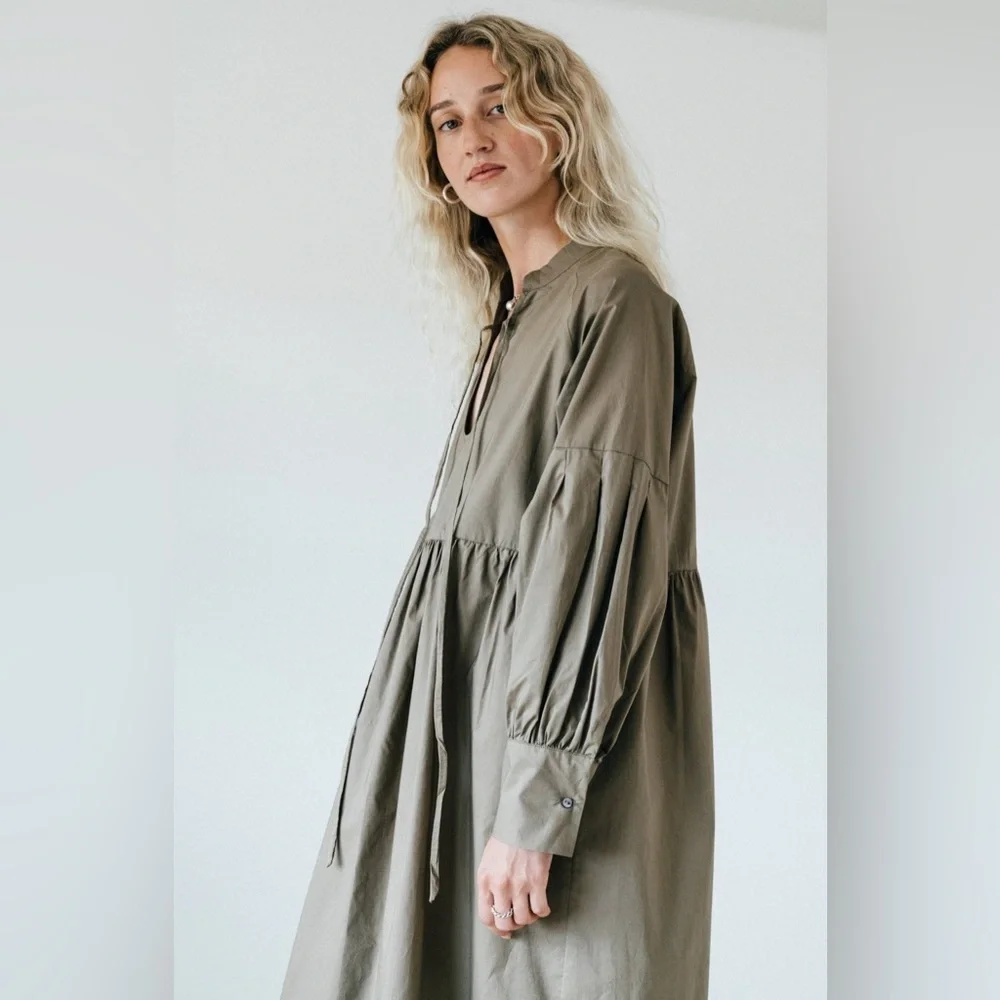 Olive 100% Cotton Midi Dress - A Bronze Age M - Picture 2 of 5